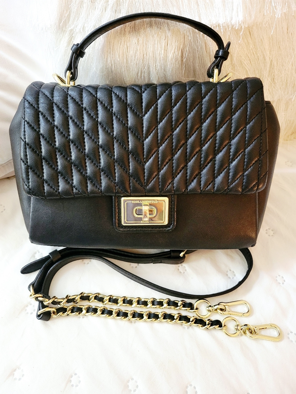 Karl Lagerfeld Paris Agyness Lucien Quilted Leather Satchel - Black/Gold